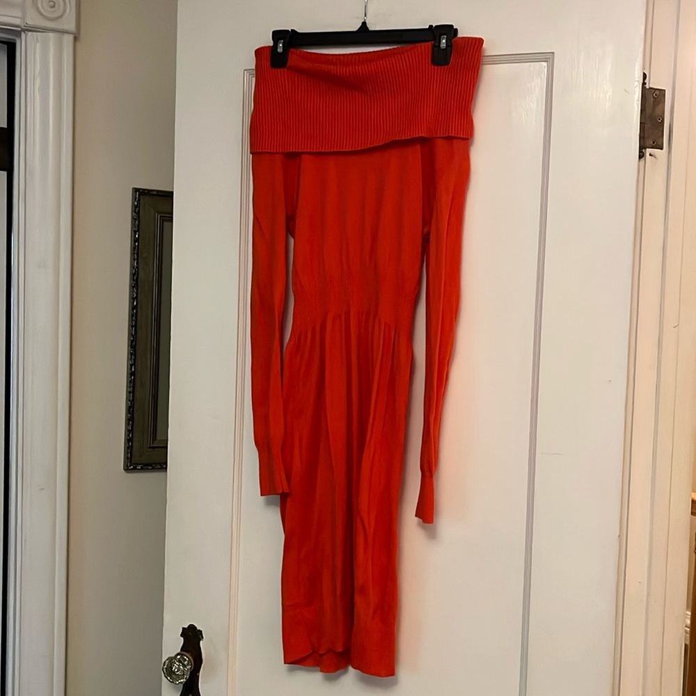 Blood orange off the shoulder long sleeve sweater dress.